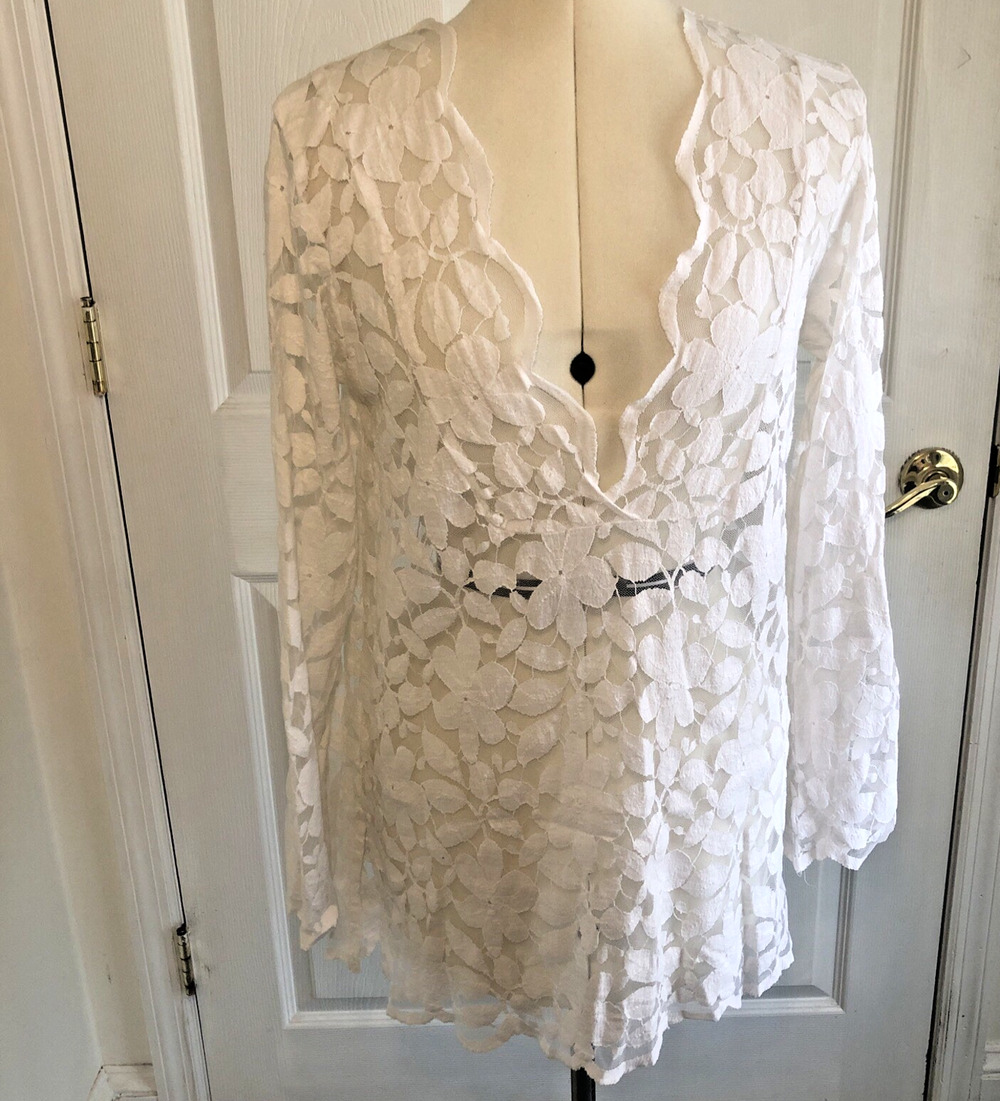 Vtg J Valdi Boho Beach cover up tunic White semi sheer lace size SM Resortwear